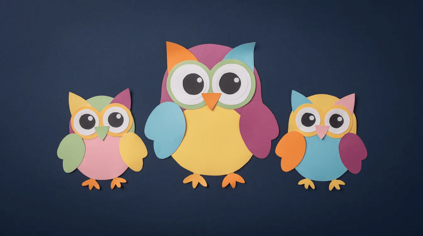 d7210d9a-2b94-4f65-bdff-f1cf63a86c92 A family of colorful construction paper owls with big round googly eyes is arranged on a dark blue background, showcasing a fun and creative way to celebrate fall. These charming paper crafts for kids highlight vibrant colors like orange and brown, making them a perfect autumn project for little ones to proudly display.