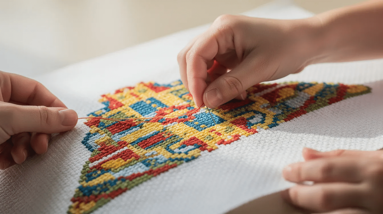 d8461071-77f4-4c6c-a63f-a3ab202bebaa A close-up image shows small hands and adult hands collaborating on a vibrant cross stitch pattern on white fabric, illustrating a fun and creative moment in crafting a personalized needlepoint sunglasses case. The hands are skillfully maneuvering sewing thread and a needle, highlighting the process of creating a stylish eyewear case together.