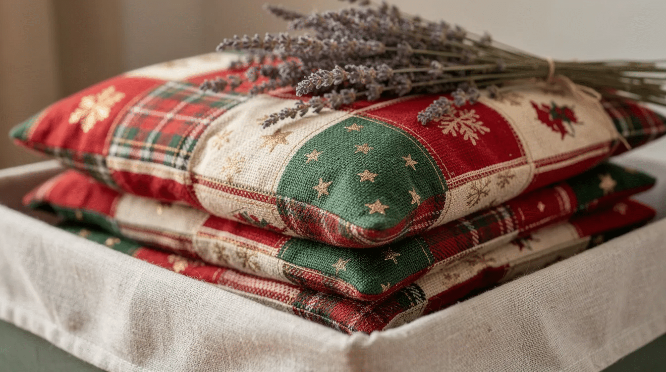d84783f3-f898-4a3e-9e56-31dd2c8edde4 A neatly folded stack of patchwork Christmas cushion covers is arranged in a fabric-lined box, topped with a sprig of dried lavender, creating a cozy and inviting holiday display perfect for adding warmth to your home during the festive season.