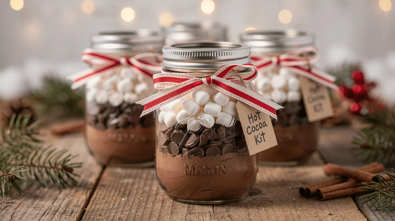 d8ea06c9-140c-4d65-b6e6-c68997b6b9b5 The image showcases a beautifully layered Mason jar filled with cocoa powder, chocolate chips, and fluffy marshmallows, all tied with a decorative ribbon, making it an elegant DIY hot chocolate gift kit perfect for the holiday season. This thoughtful and creative gift idea is ideal for last-minute holiday gifts, adding a sweet touch to any festive gathering.