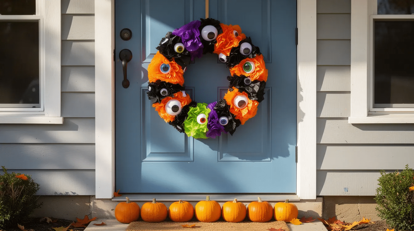 d9315934-cfe3-4e3b-95a7-f1320ee55c8a A vibrant homemade Halloween wreath adorned with googly eyes and colorful tissue paper hangs on a blue front door, while small pumpkins decorate the porch below, creating a festive atmosphere for the Halloween season. This spooky Halloween wreath showcases a fun craft idea perfect for kids and families.