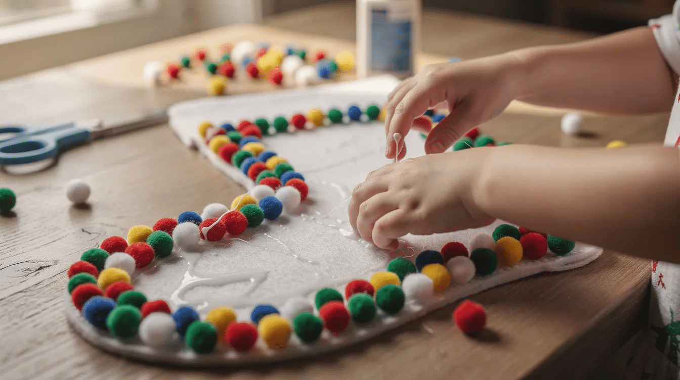 d954135f-a13c-4f58-915b-3667790a98a6 A child's hands are joyfully pressing colorful pom-poms onto a felt stocking shape that is covered in glue, creating a fun and festive decoration for the holiday season. This activity showcases the creativity and excitement of kids as they prepare for Christmas stocking stuffers filled with small surprises for their loved ones.