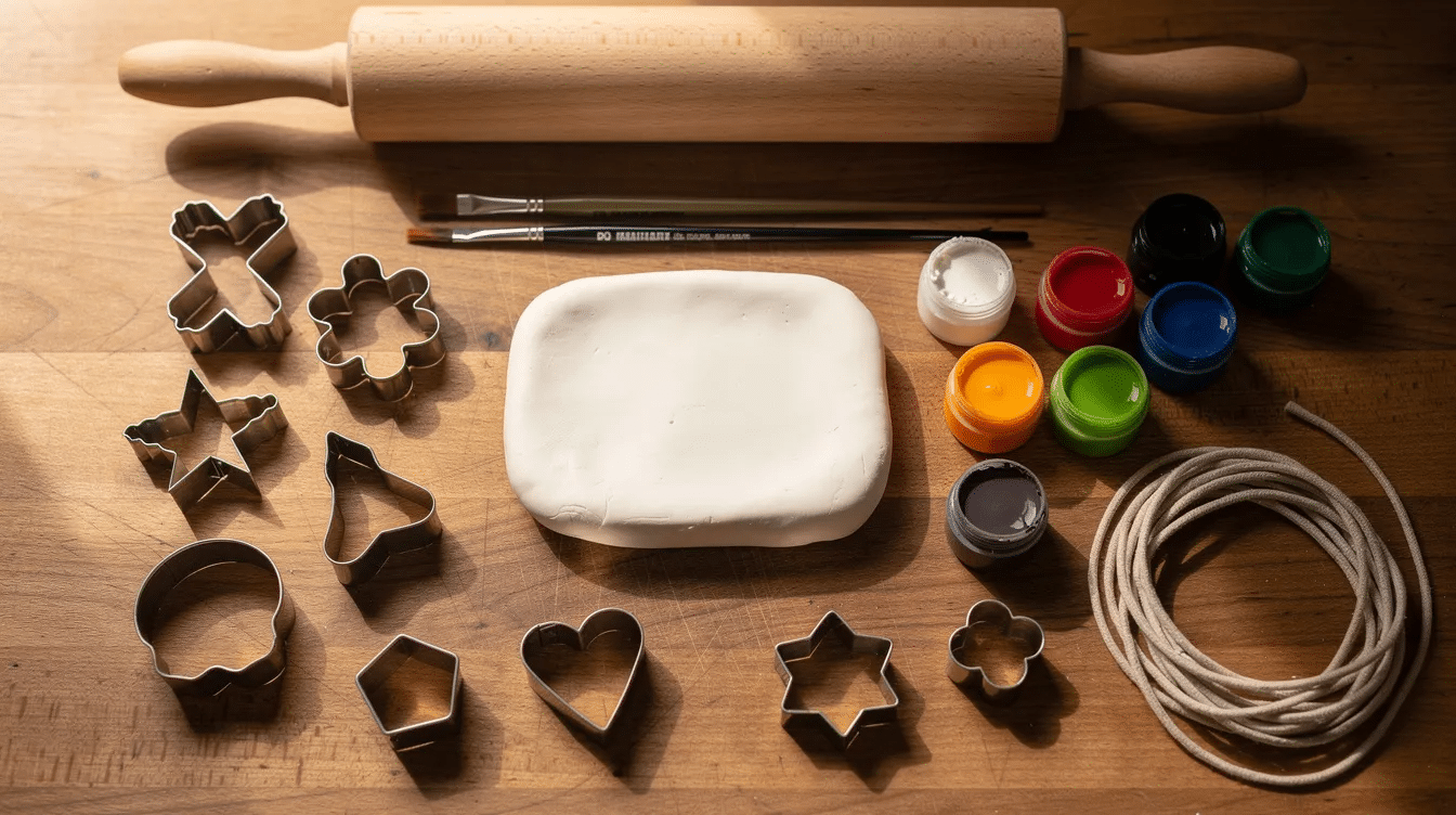 da7be5c4-0572-4691-8a7f-73d60596bef3 A flat lay of various craft supplies on a kitchen table features white air dry clay, colorful pots of paint, cookie cutters in different shapes, a rolling pin, and cord for creating unique jewelry. This setup provides all the materials needed to make personalized air dry clay pendants and earrings.