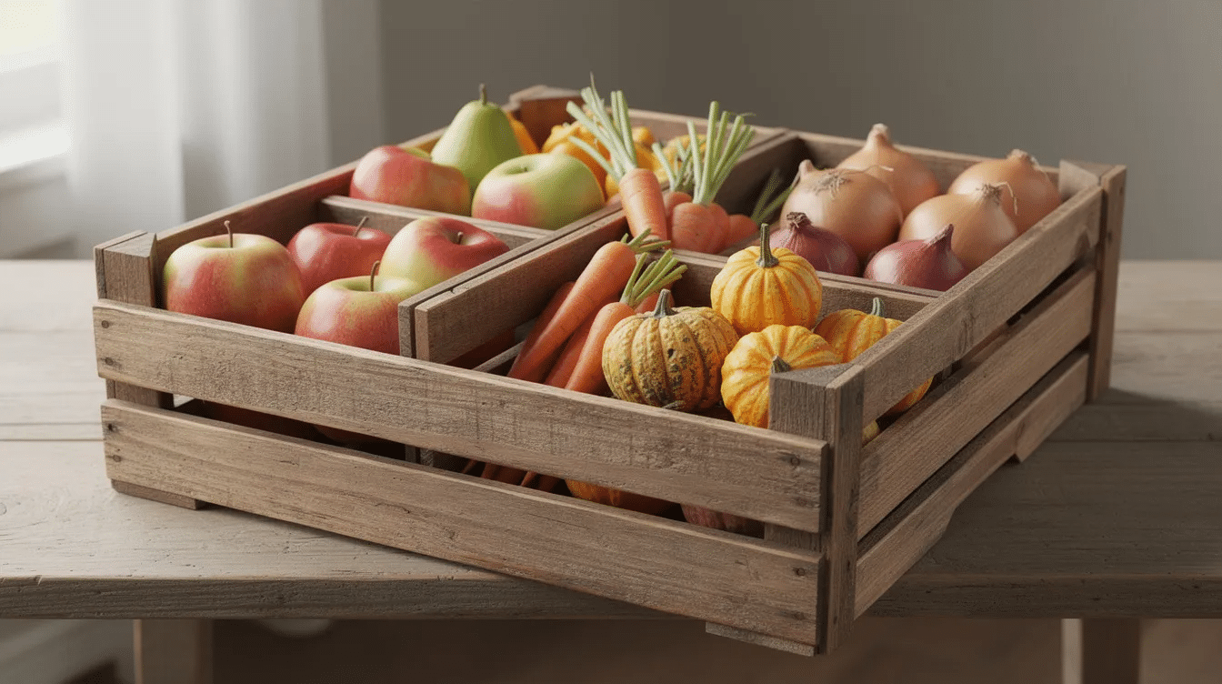 dab8deab-8fe3-452c-aca5-0a700a09fce2 The image features a rustic harvest display crate with dividers, crafted from scrap wood, perfect for showcasing fall decor or Halloween crafts. This versatile piece, ideal for outdoor projects or craft fairs, exudes charm and can be customized with paint or stains to fit any style.