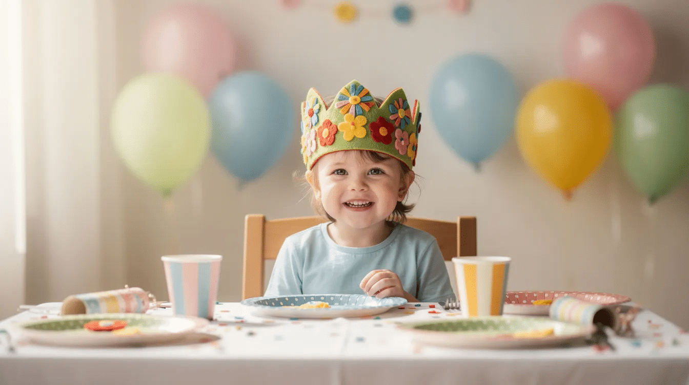 db2e0f41-e38c-47f8-a154-1b9f7d4c3f77 A young child, referred to as a little one, is joyfully sitting at a party table adorned with colorful balloons, wearing a handmade felt crown decorated with embroidered flowers. This birthday crown adds a perfect touch to the festive atmosphere, showcasing the child's vibrant clothes and playful spirit.