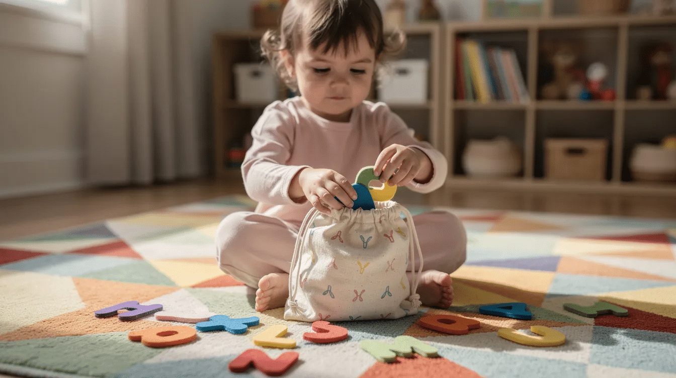 db465dab-432b-4e10-9f2d-5eee76dd9a33 A young child is sitting on a colorful rug, joyfully pulling bright felt letters from a white drawstring bag, which serves as a fun learning toy for creating words and combining letters. The vibrant scene captures the excitement of learning colors and letters through play.