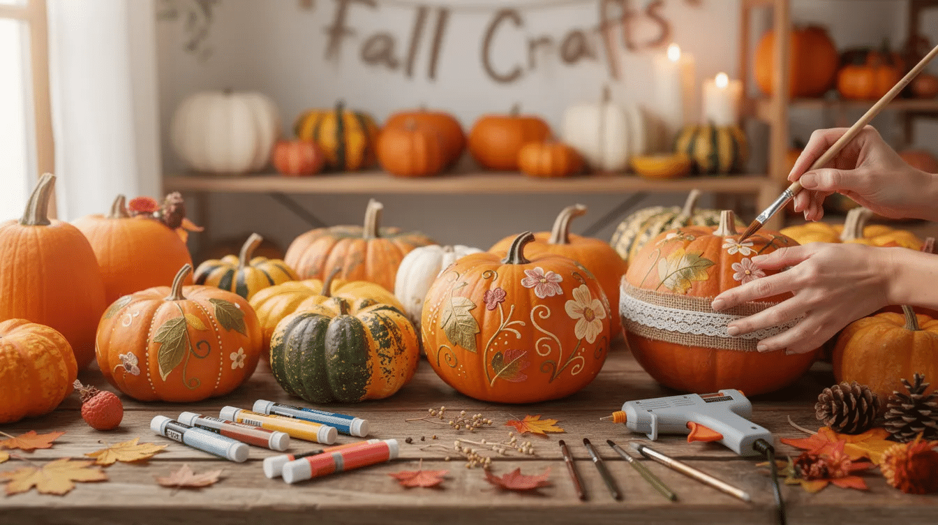 dbc34a68-a937-4d33-8b47-8ebd909d04a8 This image showcases a variety of pumpkin and gourd decoration crafts, perfect for Thanksgiving. The colorful display includes yarn pumpkins, tissue paper designs, and adorable turkey crafts, making it an ideal festive activity for kids and families to create together.