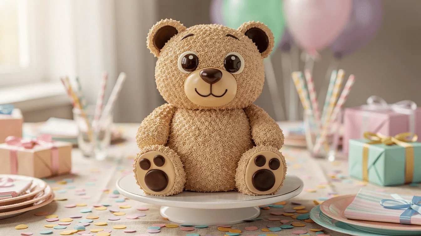 dd275416-ef5f-4e9f-9a79-76cd3b225ac9 A beautifully decorated teddy bear cake sits on a cake stand at a vibrant party table, featuring candy eyes, a chocolate nose, and chocolate button paw pads, making it an absolutely adorable centerpiece for a child's birthday party or baby shower. The light brown frosting and darker chocolate accents enhance the cute cake's inviting appearance, perfect for any celebration.