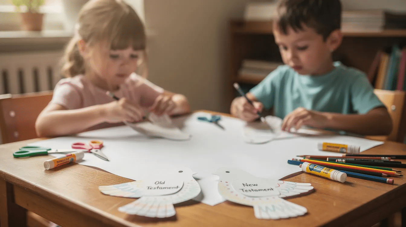 dd8bdbae-4548-4492-8e23-8a58f3e8a751 On the second day of Christmas, children engage in a calm afternoon craft by cutting out and decorating two turtle doves from white paper, symbolizing the Old and New Testaments. This simple activity reflects the spirit of the holiday season and encourages family time and creativity.