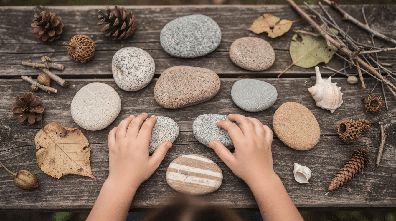 ddf9a9e2-2a67-4640-8bc5-9d9dde230666 The image features a collection of unpainted stones with diverse natural textures and colors, alongside assorted natural objects like pinecones, shells, and leaves, all arranged in a small bag. This setup serves as a wonderful example of how to create story stones for storytelling, encouraging imagination and open-ended play for younger children.