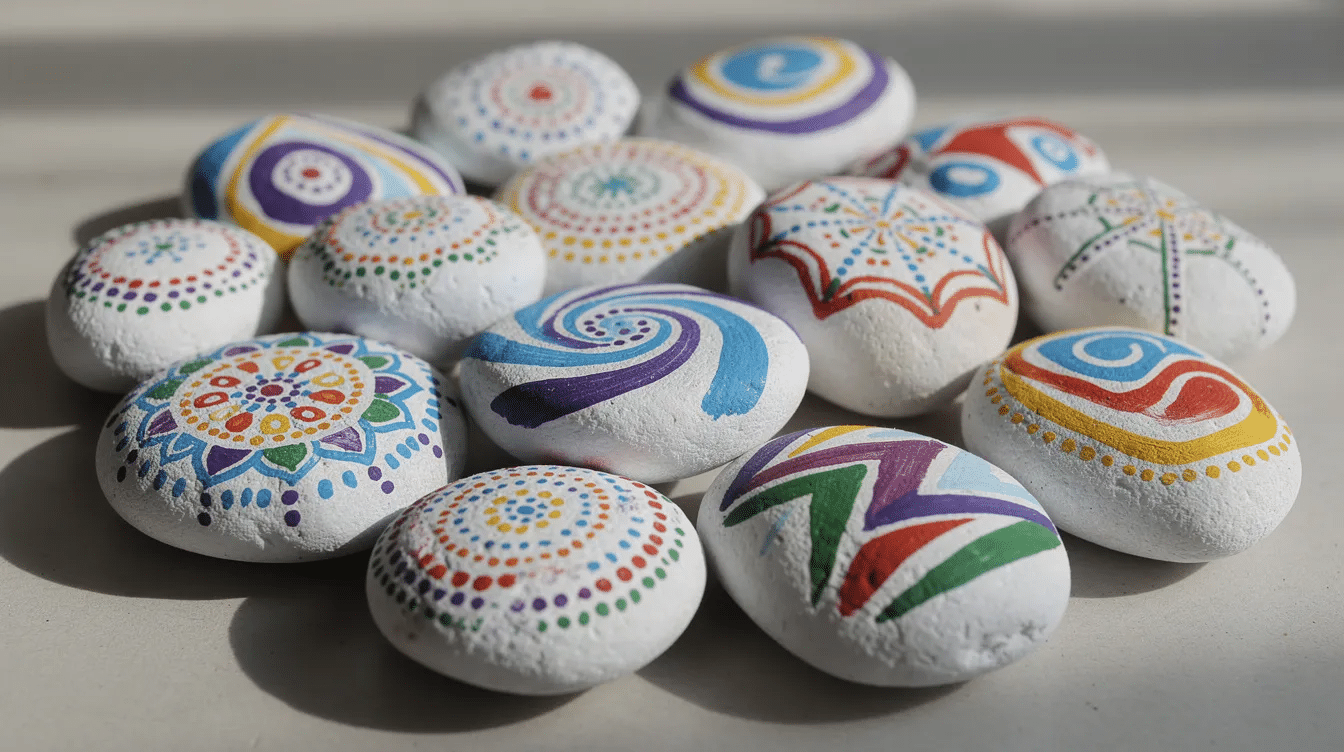 de238785-b025-4a2b-b7e6-8fb9e4f1ae2a The image features smooth white stones adorned with vibrant, colorful abstract patterns of dots, swirls, and zigzag lines, perfect for creating story stones that inspire imagination and storytelling in children. These assorted flat stones can be used in a story bag for independent story tellers to explore their own stories and characters.