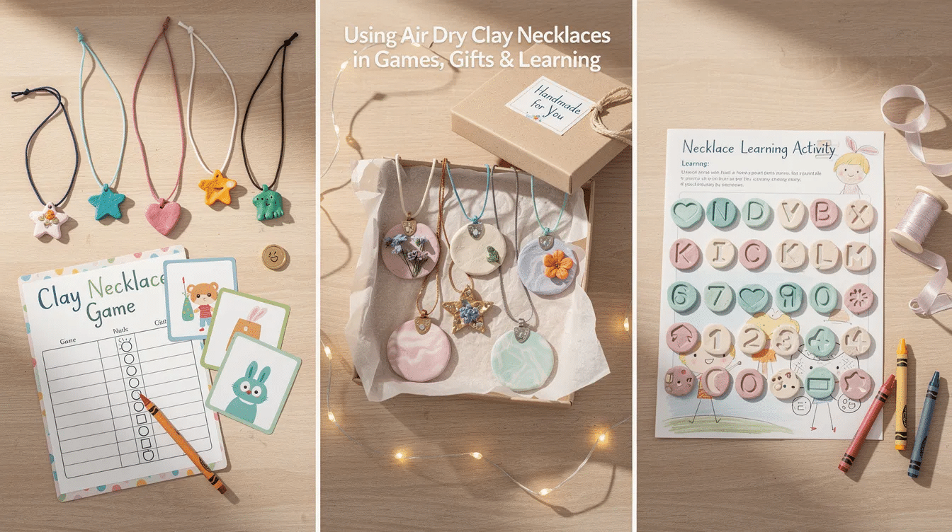 e01d0918-5d6a-4860-a229-03618ec248a3 The image showcases a variety of colorful air dry clay necklaces, featuring unique shapes and designs, perfect for gifting or learning. These handcrafted creations highlight the versatility of air dry clay jewelry, with some pendants attached to jump rings and eye pins, ready to be worn or shared.