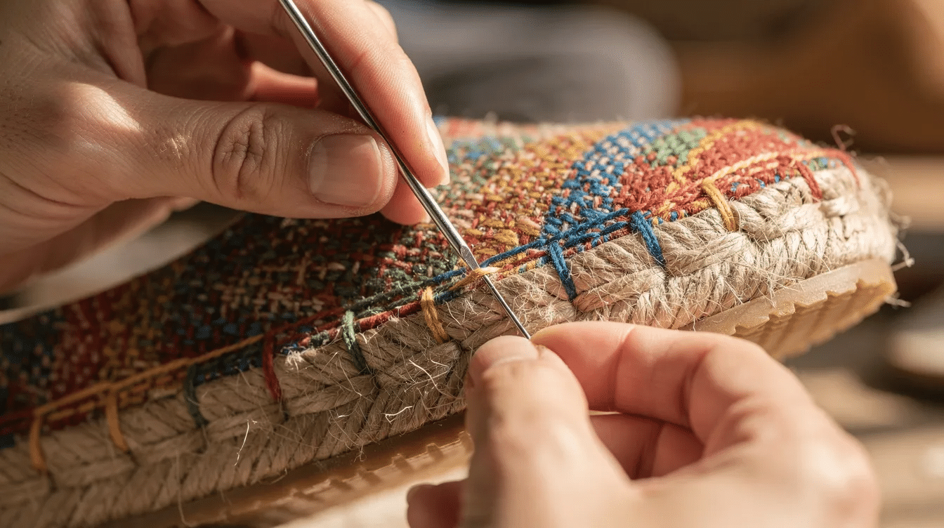 e13cc275-92a2-4ef7-bed7-c6191431073c A pair of hands is using a large needle and embroidery thread to blanket-stitch colorful fabric pieces to the outer toe section of a natural jute espadrille sole, focusing on securing the raw edges. The process showcases the creation of DIY embroidered espadrilles, with attention to the toe and heel areas as the fabric is carefully attached.