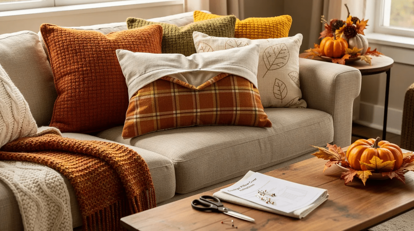 e1eee635-3e3c-4220-92c5-2bfabae4d817 This image features a cozy arrangement of fall throw pillows in warm autumn colors, showcasing various textures and patterns that enhance home decor. Ideal for beginners, these super easy envelope pillow covers are a fun project that adds a seasonal touch to any room.