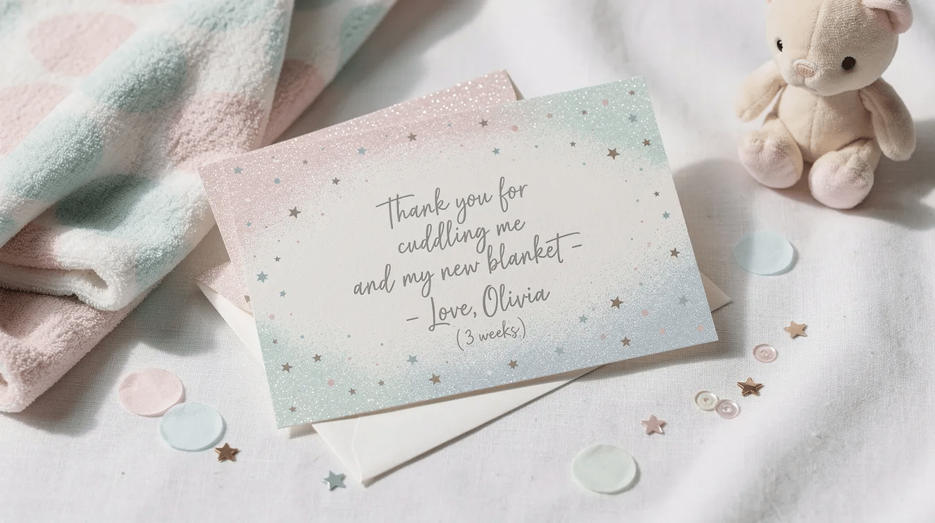 e25040e8-ae00-4201-8c84-6db951810488 The image features a set of soft pastel glitter thank you cards designed for baby showers, showcasing baby pink, mint, and baby blue colors adorned with tiny stars. Each card includes a heartfelt message from the baby, such as