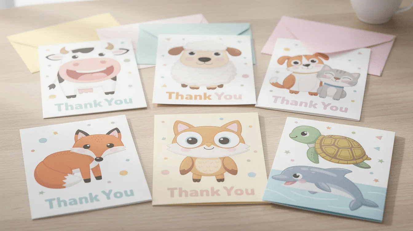 e2a5f34d-0da3-457a-9a5e-4d725242592f The image showcases a collection of adorable animal-themed thank you cards, featuring cheerful illustrations of farm animals, woodland creatures, and sea life, designed to delight young children. These colorful cards are perfect for expressing gratitude after a big event like a birthday or simply for kids who love cute animals.