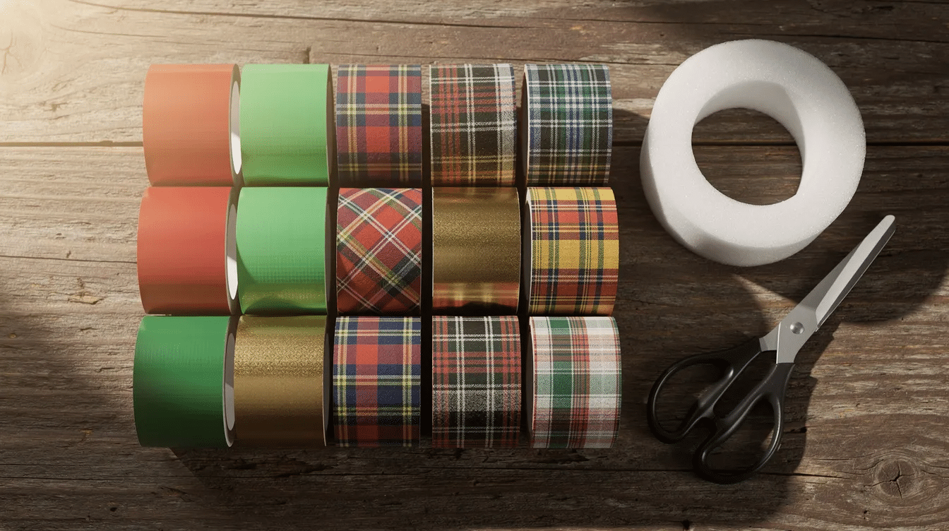 e301cd74-953d-4b66-8e6d-839c57e9f7df The image features a vibrant collection of duct tape rolls in shades of red, green, gold, and plaid, neatly arranged on a wooden table. Next to the rolls are a white foam wreath form and a pair of scissors, suggesting supplies for creating a festive duct tape wreath.
