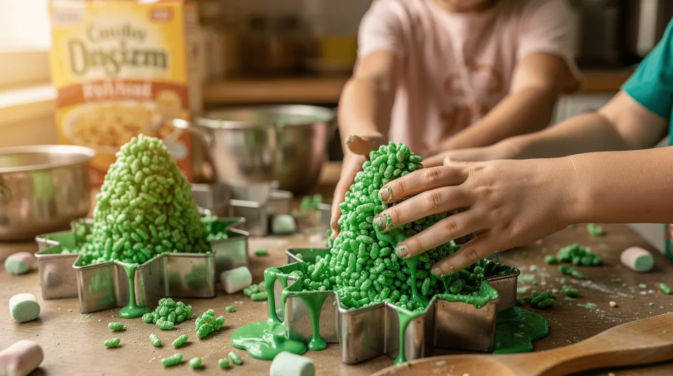 e3461f84-de3d-4742-be22-06462160de38 Children's hands are pressing a vibrant green Rice Krispie mixture into tree-shaped molds on a kitchen counter, capturing the festive spirit of holiday baking and creating delicious Christmas treats. The scene conveys a sense of fun and togetherness, perfect for last-minute Christmas recipes.