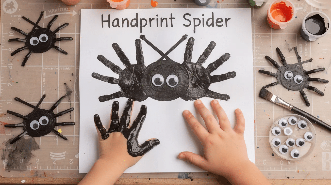 e3be1382-eab1-427d-996f-96ec693550e5 The image showcases a fun Halloween craft featuring a child's handprint transformed into a cute black spider, with googly eyes placed in the center and eight legs formed by overlapping thumbs. This creative project captures the little one's hand size and is perfect for engaging kids in easy Halloween crafts during the spooky season.