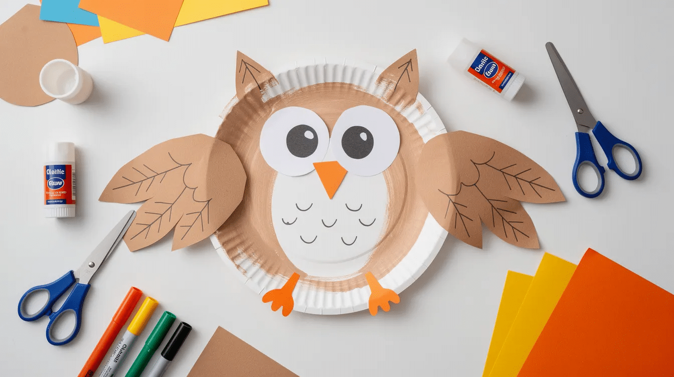 e3cdf589-ca9d-433d-837a-0e61c4c2f247 The image depicts an adorable paper plate owl craft, showcasing vibrant colors and googly eyes, perfect for preschoolers to enhance their fine motor skills. This fun fall craft uses simple materials like paper plates and construction paper, making it an easy and imaginative way for kids to celebrate the fall season.