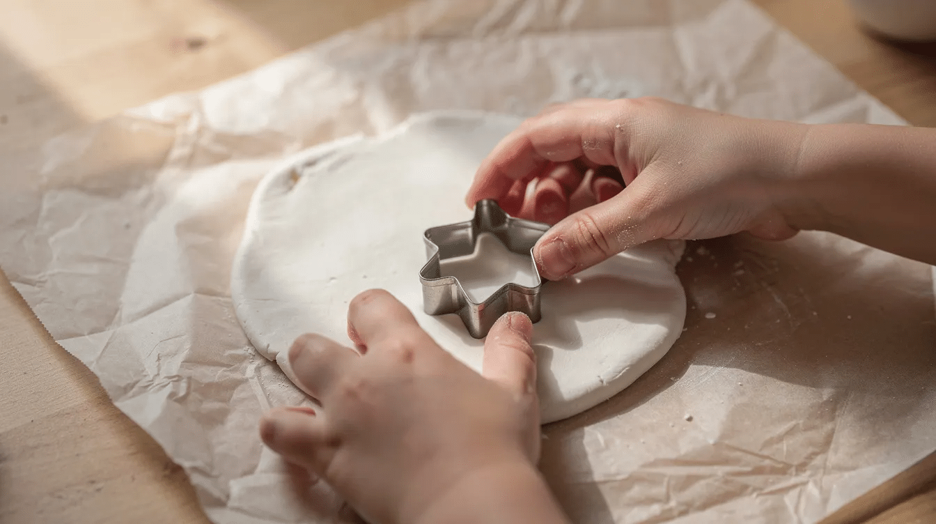 e3cfc510-414a-4e98-b203-e872a425b642 A child's small hands are pressing a cookie cutter into a flat piece of soft white air dry clay, which is laid out on greaseproof paper. The scene captures the fun and creativity of making shapes for air dry clay jewelry creations.