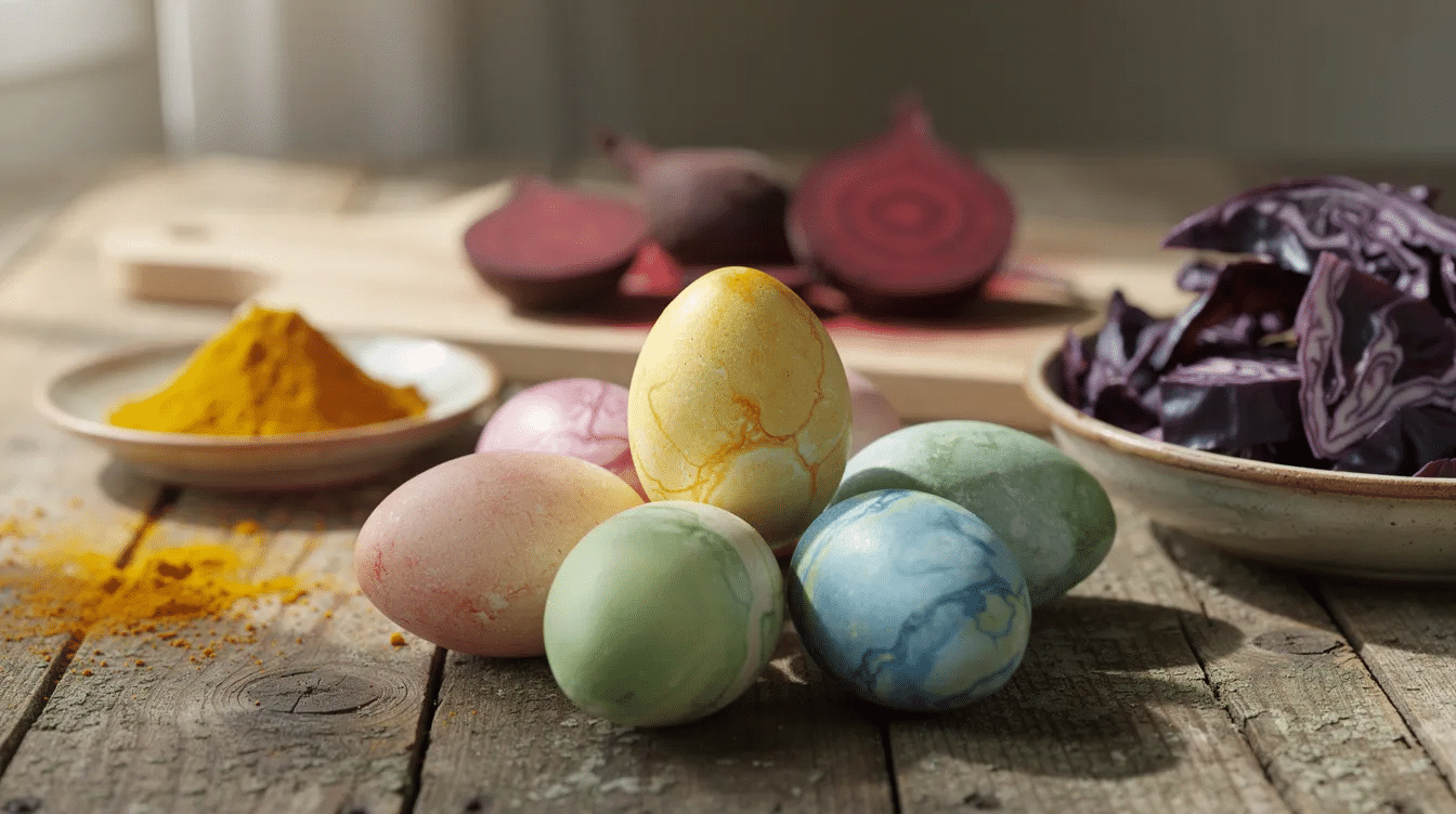 e3f50df3-ae8e-47e6-9738-f1f711da6677 A collection of colorful naturally dyed Easter eggs is beautifully arranged on a rustic reclaimed wooden table, with turmeric, beets, and red cabbage placed nearby, showcasing a fun way to celebrate the Easter season through adorable Easter crafts. This charming display captures the essence of spring and offers inspiration for easy Easter craft ideas for kids and families.