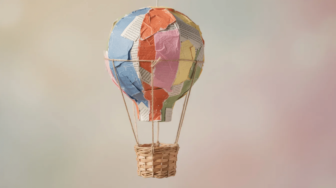 e41a6fa3-e6a0-495a-a49c-b117e451088f The image depicts a colorful paper mâché hot air balloon, crafted from layers of newspaper and decorated with vibrant acrylic and poster paint. It features a small opening at the bottom for hanging, and is designed as a fun project for kids to create and display in a boys' room.