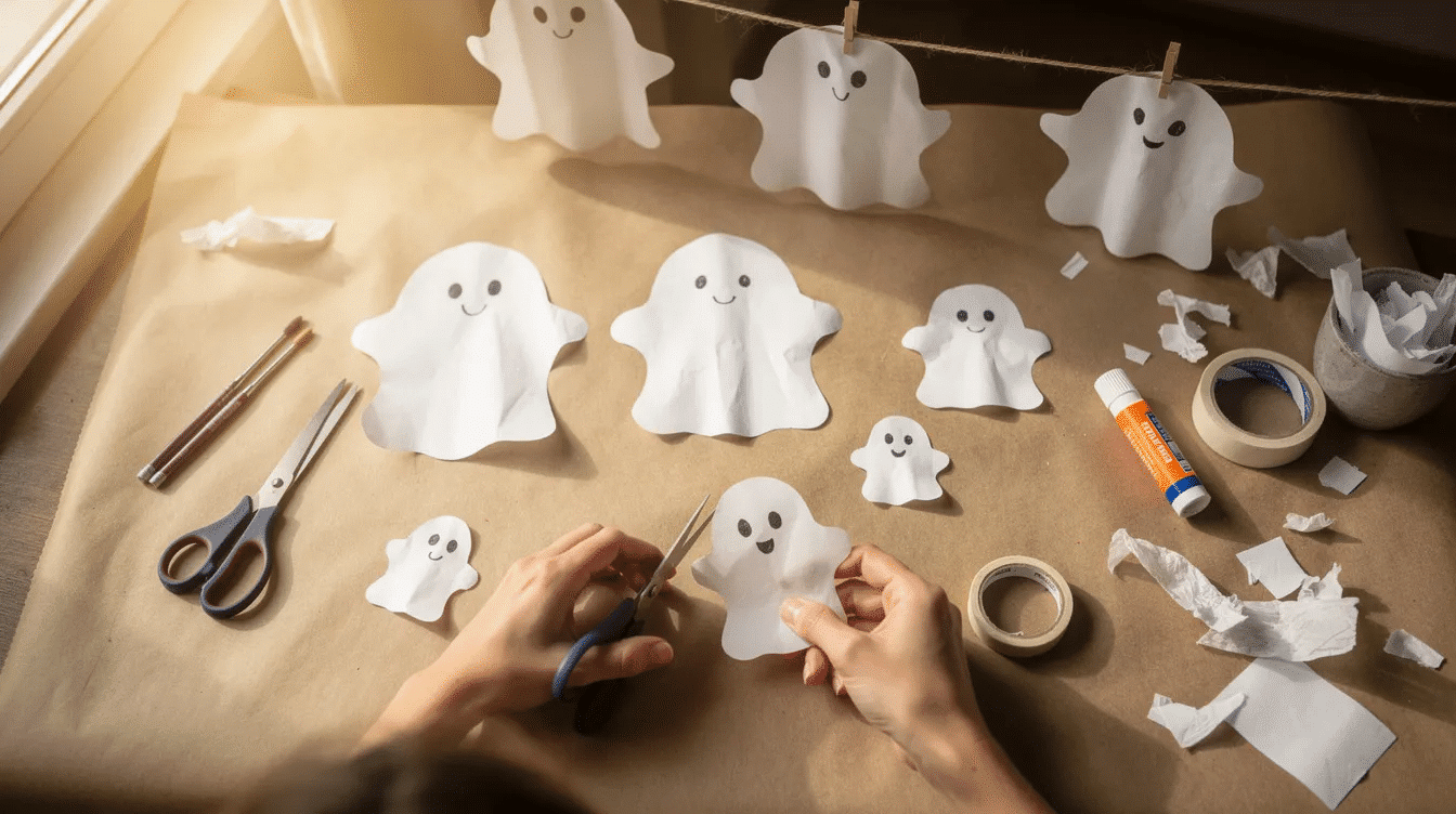 e41eaad2-1f59-4e8f-b3a1-d2d7d0c27a26 The image shows a collection of adorable paper ghost crafts, perfect for Halloween decorations. These easy paper Halloween crafts feature floating ghosts made from white paper with googly eyes, showcasing creativity and fun for kids during the spooky season.