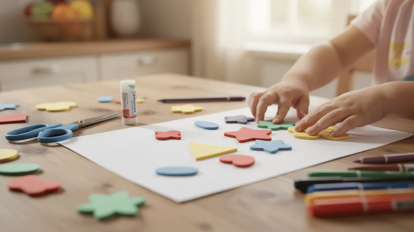 e4e9a7c5-77fa-48f3-b5a6-86cdd8df71f9 A small child's hands are pressing colorful shapes onto a paper craft project at a kitchen table, showcasing a fun activity perfect for easy Christmas crafts. The vibrant materials highlight the creativity involved in making DIY Christmas ornaments and decorations for the holiday season.