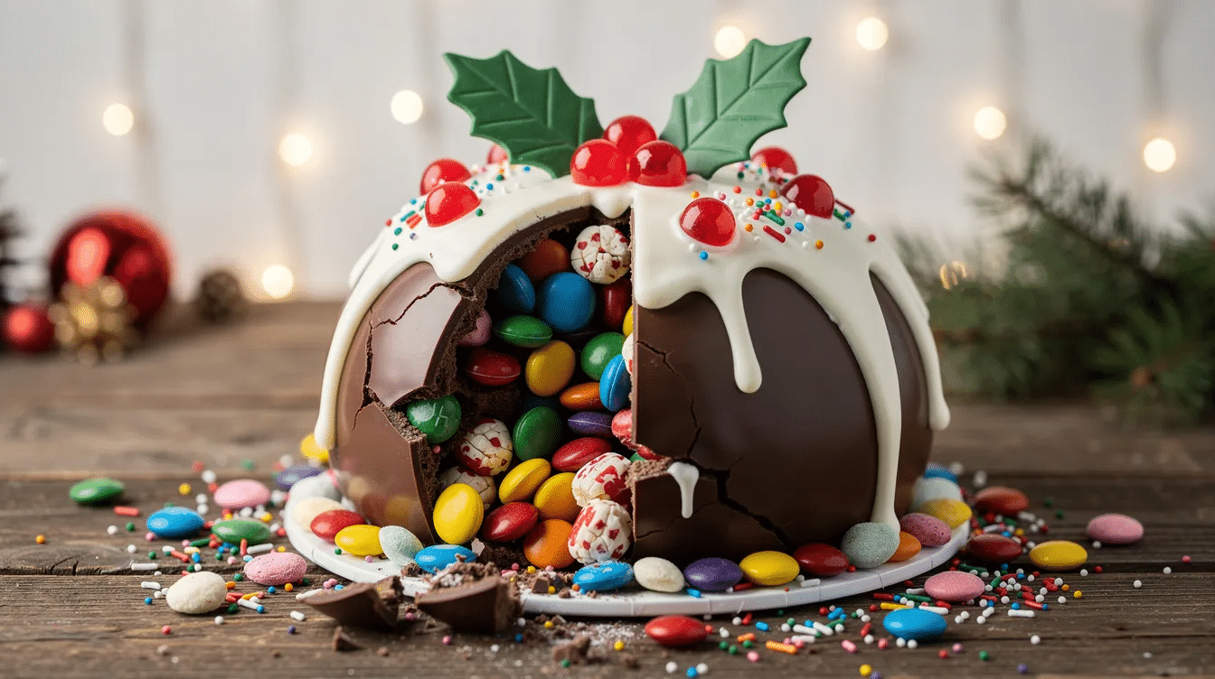 e582437b-a659-4099-8e9f-69cf3649acdf The image features a beautifully decorated Christmas pudding piñata cake, showcasing multiple cake layers with a rich frosting on the outside. The top of the cake is adorned with green fondant and a festive design, while the inside is filled with colorful candies, hinting at the fun surprise awaiting when cut with a sharp knife.