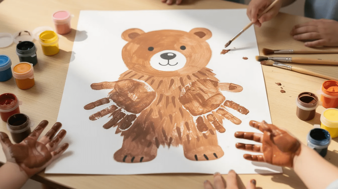 e5a77513-23f2-4ee9-8dbb-d62b91e08826-1 The image features a colorful handprint bear craft made by preschoolers, showcasing their artistic expression with brown paint on construction paper. This fun fall craft also includes googly eyes and a simple paper plate, making it an engaging way for little ones to celebrate the fall season while developing their fine motor skills.