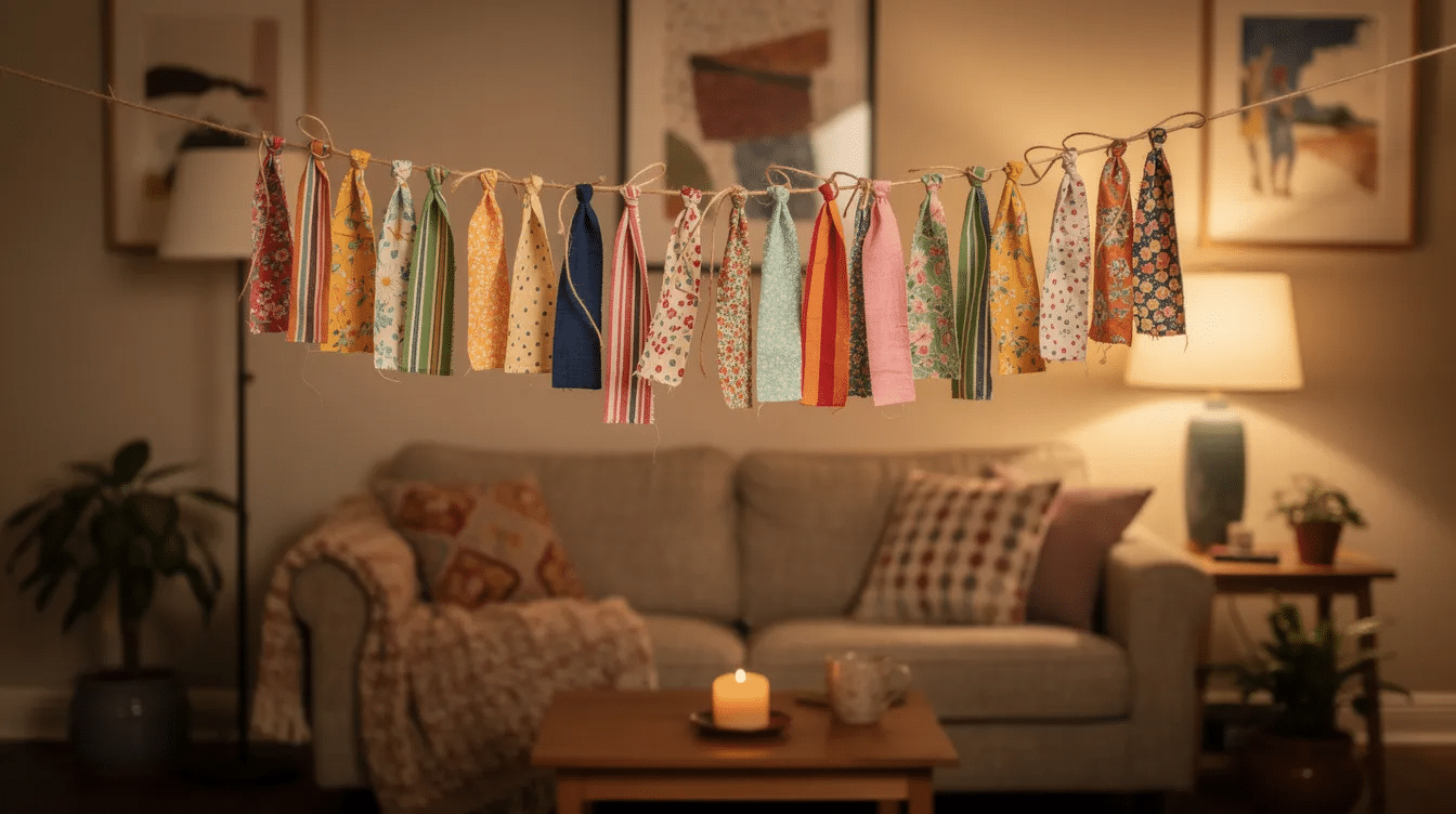 e5c02a9b-3542-4e93-b11c-9d5b9b08f480 A colorful diy fabric garland made of tied fabric strips hangs gracefully on twine, illuminated by warm lighting in a cozy living room. The garland adds a charming touch to the decor, perfect for creating a festive atmosphere.