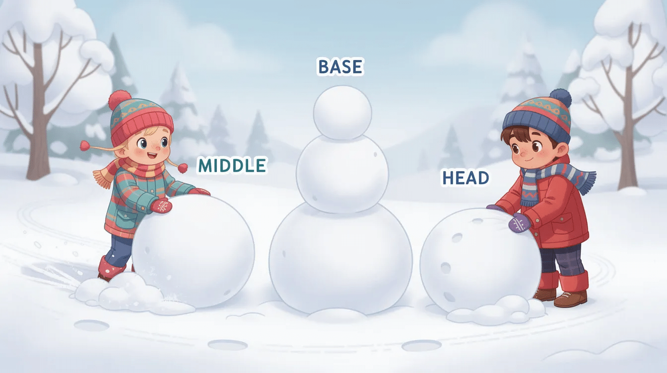 e5cadc00-d96c-444d-8c18-0a0e8d796a9c The image shows the process of building the shape and base of a paper mache snowman, featuring three balloons stacked together to form the body, covered with paper strips soaked in paper mache paste. Surrounding the snowman are various crafting supplies such as glue, a glue gun, and masking tape, ready for decorating with a carrot nose, scarf, and hat.