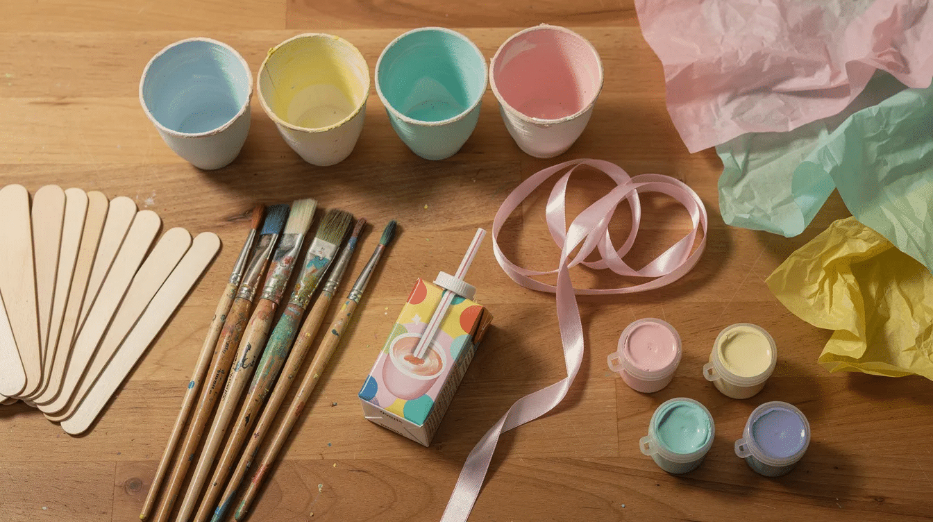 e5ea15d3-758b-4bde-b767-09fe6197b780 A flat lay of colorful craft supplies is displayed on a kitchen table, featuring painted egg carton cups, a juice box, wooden sticks, paintbrushes, ribbon, tissue paper, and small pots of pastel paint, perfect for spring-themed activities and kids' crafts. This arrangement invites creativity and the joy of making art with reusable materials.