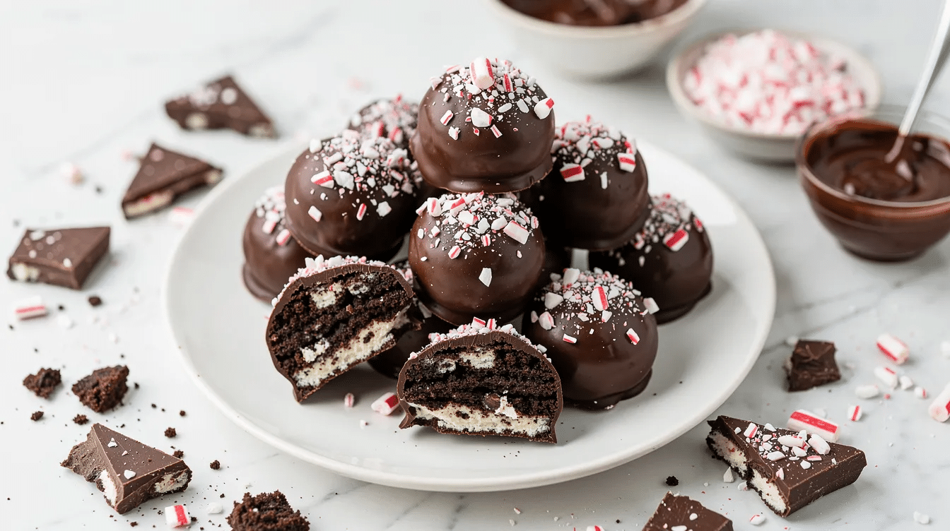 e627ae26-74dc-44e3-97b7-d24702e01620 The image features a plate of No-Bake Chocolate Peppermint Balls, which are round treats made from crushed cookies and cream cheese, coated in chocolate, and garnished with vibrant red and white crushed candy canes. These festive and indulgent bites are perfect for holiday baking and make for a quick, delicious addition to any Christmas treats spread.