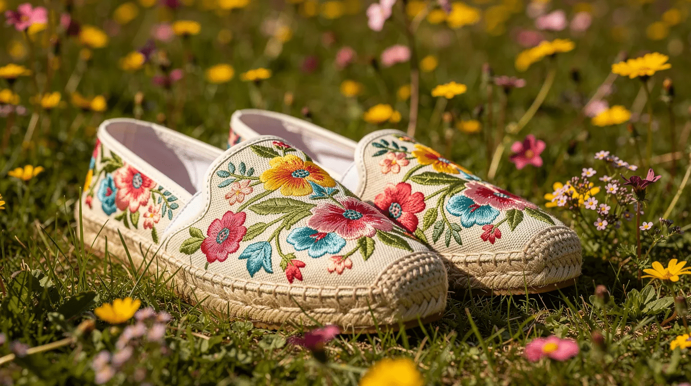 e6351fd1-03f9-4cfb-bf94-bbda7f6bc372 A vibrant pair of DIY embroidered espadrilles rests on lush green grass, surrounded by colorful wildflowers. The shoes showcase intricate embroidery on the outer toe fabric and feature jute soles, embodying a fun and stylish summer accessory.
