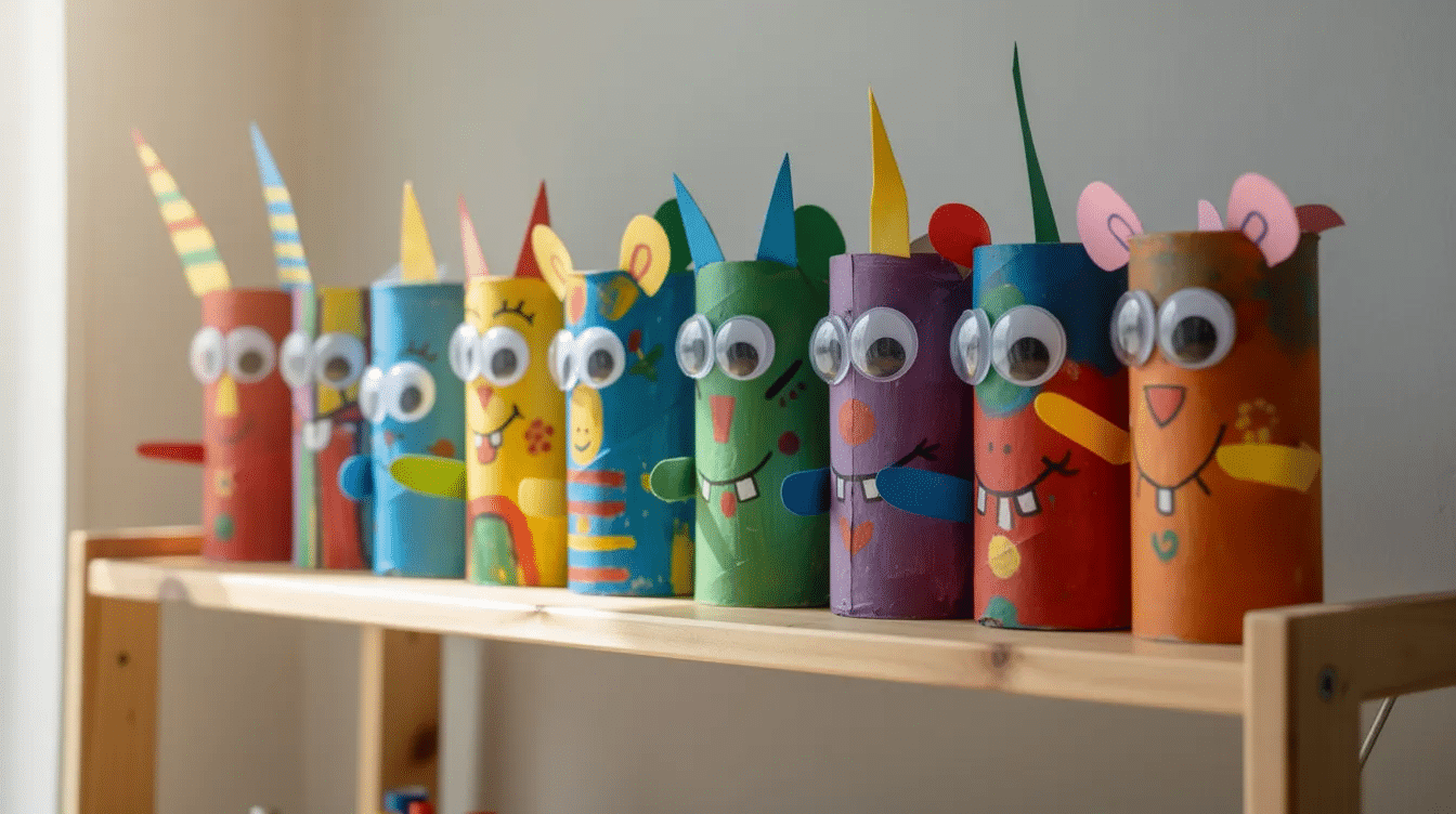 e65ce9e9-0ff4-4f1d-b68b-2e18c8751491 A row of colorful painted cardboard tube characters with googly eyes and paper horns sits on a shelf, showcasing a fun craft perfect for the Halloween spirit. These cute creations, made from toilet paper rolls and construction paper, are ideal for kids to enjoy during the spooky season.