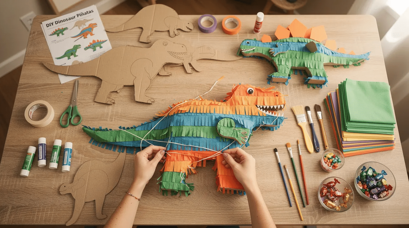 The image showcases a vibrant collection of DIY dinosaur piñatas, featuring various colorful designs suitable for kids' parties. Each piñata is filled with candy and is ready for fun games at any event, making it easy for parents to select the perfect addition for their celebration.