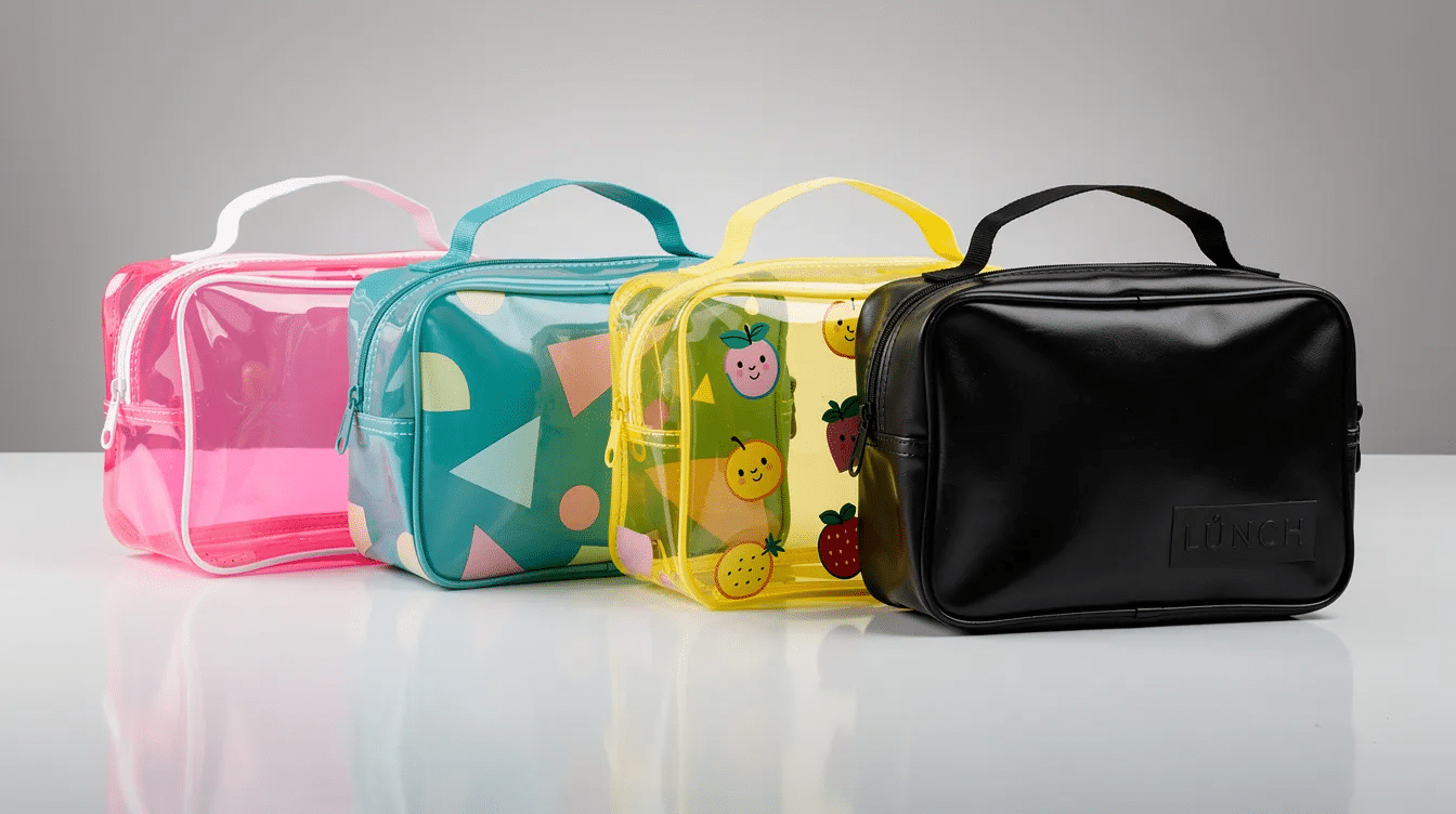 e6e02afa-366f-4845-a68c-76a31cb8a56b The image features a collection of eye-catching vinyl lunch bags in various colors and designs, showcasing their compact and convenient style. These insulated lunch bags are perfect for carrying meals and snacks, making them a great choice for anyone on the go.