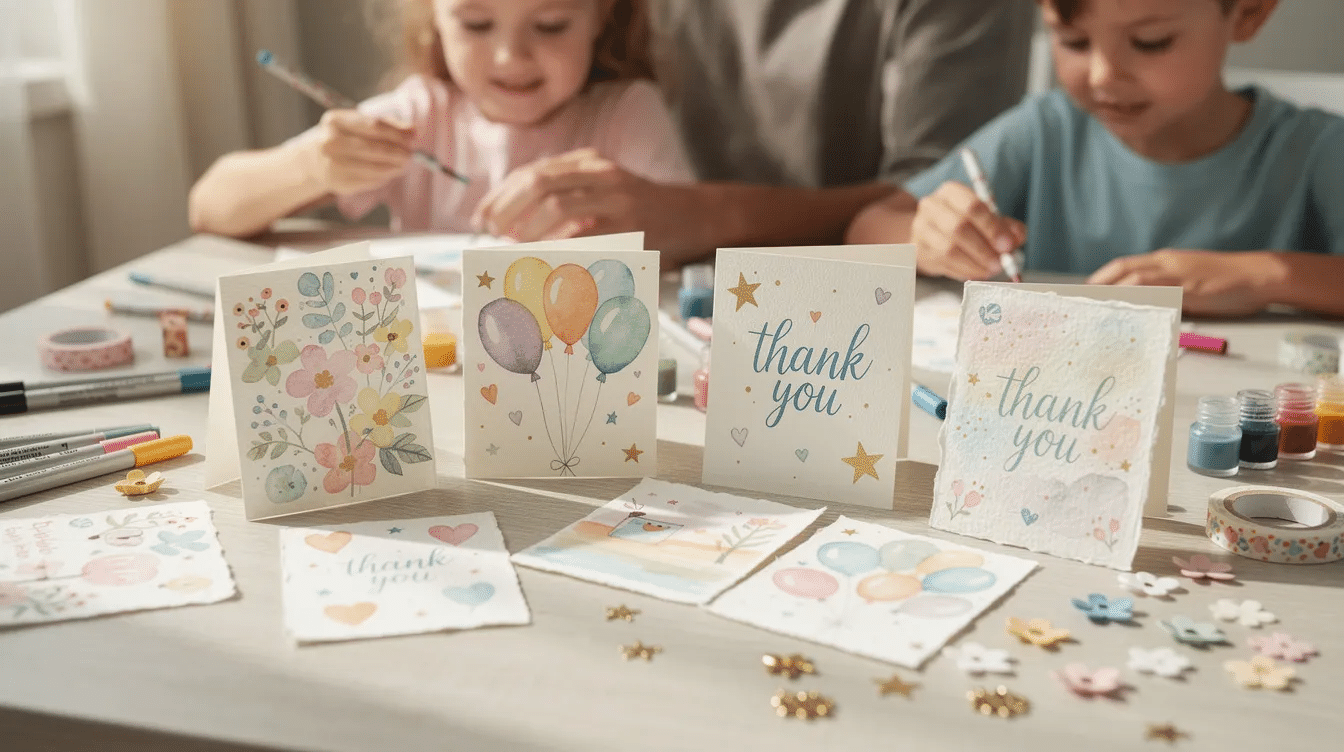 e70a08ed-98ff-40db-8a64-f019eeb6dfa9 The image features a collection of handmade-style cute thank you cards, showcasing various designs that include watercolor patterns, hand-lettering, and textured paper. These cards are perfect for expressing gratitude on any occasion, such as weddings, birthdays, or graduations, and can be personalized with a heartfelt message for friends and family.