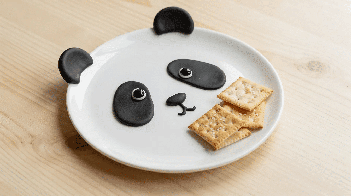 e7f3ca59-5f36-4a48-9c5e-88df5043de48 A white ceramic plate adorned with black polymer clay panda ears, eyes, and nose rests on a light wood table, accompanied by a few crackers. This playful design invites you to discover its unique charm while ensuring a durable and accessible dining experience.