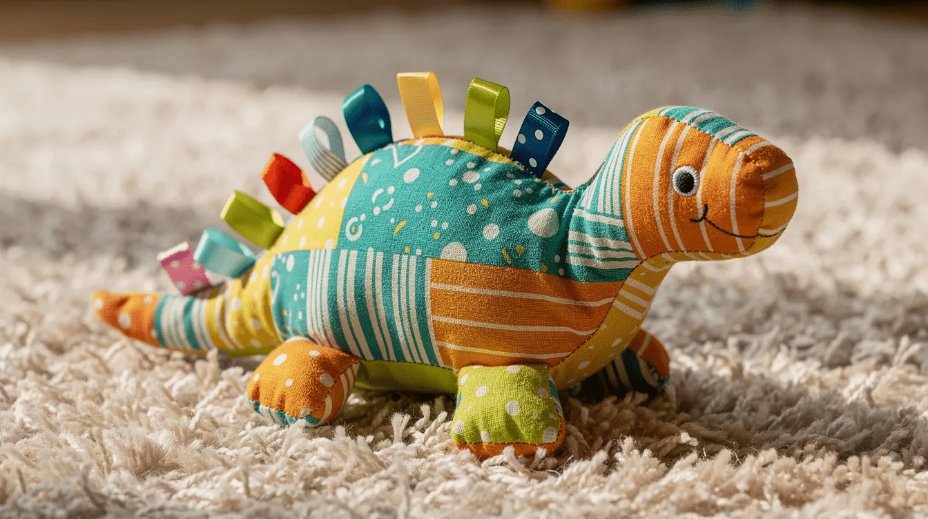 e89b2e51-2de0-4d2e-8a9f-f549aeab1d10 A small, colorful fabric dinosaur toy with ribbon tags around its edges is lying on a soft carpet, making it a cute and playful addition to any child's room. This dino toy is perfect for kids, but be cautious of small parts that may pose a choking hazard.