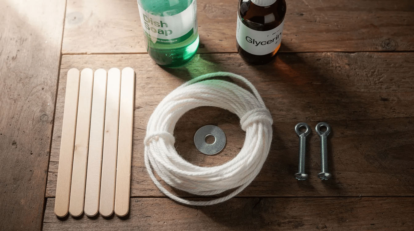 e9329fb9-0255-4def-8323-6c2119f0a2fc The image shows a flat-lay arrangement of materials for making giant bubble wands, including wooden sticks, a cotton cord, a metal washer, eyelet screws, a bottle of dish soap, and glycerin, all placed on a wooden table. This setup is perfect for creating a bubble solution to produce huge bubbles, making it a fun DIY project for kids and adults alike.