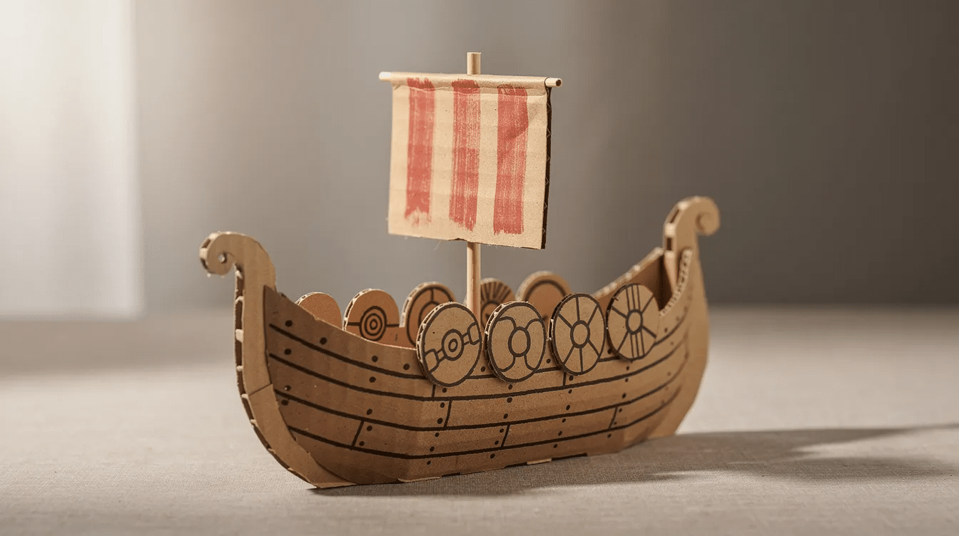 e973aa33-7bfb-4a0b-9fb8-55fd3ea1169e The image features a cardboard viking longship meticulously crafted with brown paper and wooden skewers, showcasing a dragon head at the prow. The ship is adorned with oars and a sail, embodying the adventurous spirit of the Vikings, and is set against a playful backdrop, inviting kids and friends to join in the fun of DIY construction.