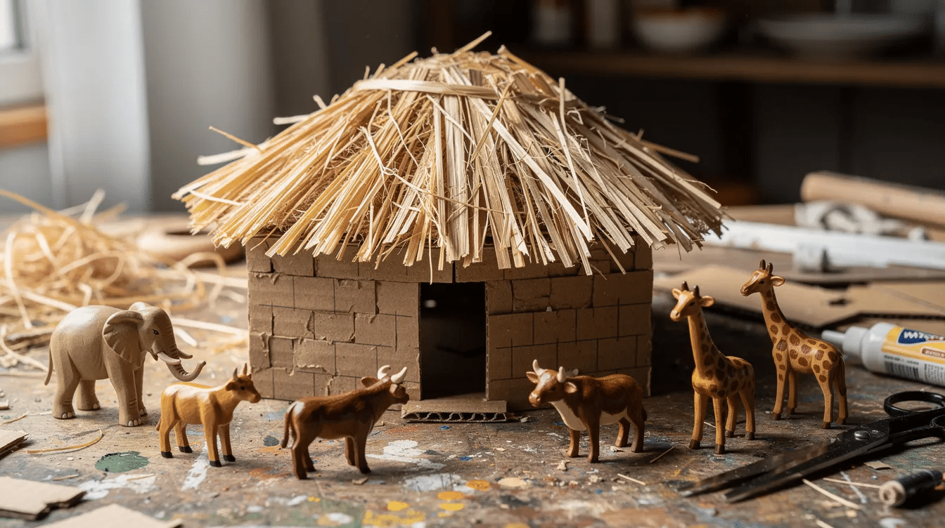e9981872-11f1-4a47-85e0-1c9f32d242b5 The image depicts a completed miniature cardboard mud hut with brown textured walls and a thatched raffia roof, placed on a craft table. Surrounding the hut are small wooden toy animals, showcasing a playful representation of traditional African architecture and local materials.