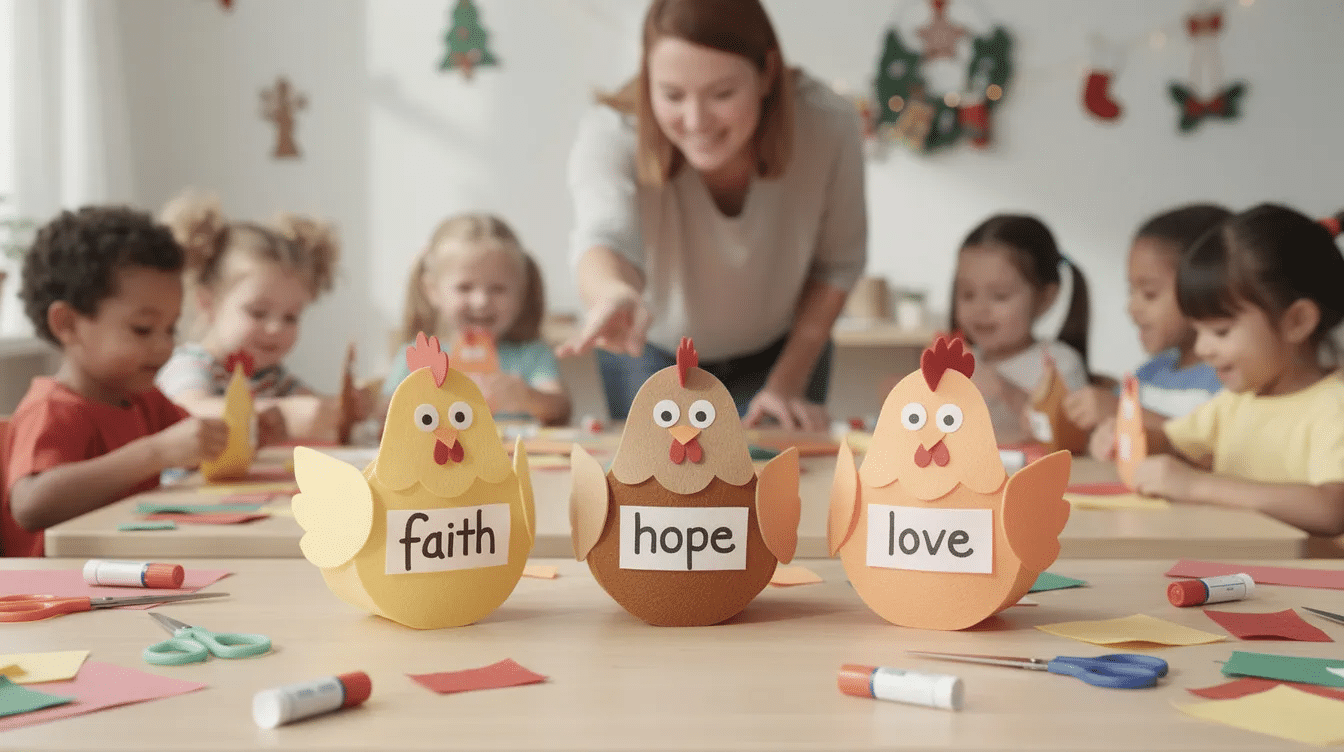 e9f8b457-32a3-45b2-bfcb-bb898c7a6d72 The image depicts three colorful felt or construction paper hen shapes, each labeled with the words