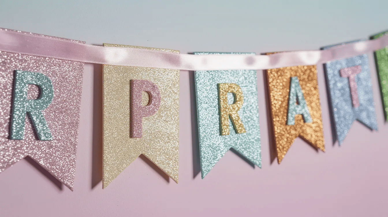 A close-up view of colorful glitter card pennant flags featuring sparkly letters that spell out a birthday message, all strung together with ribbon against a soft pastel wall, creating a festive atmosphere perfect for a birthday celebration. The vibrant colors and shimmering details add a fun touch to the happy birthday banner.
