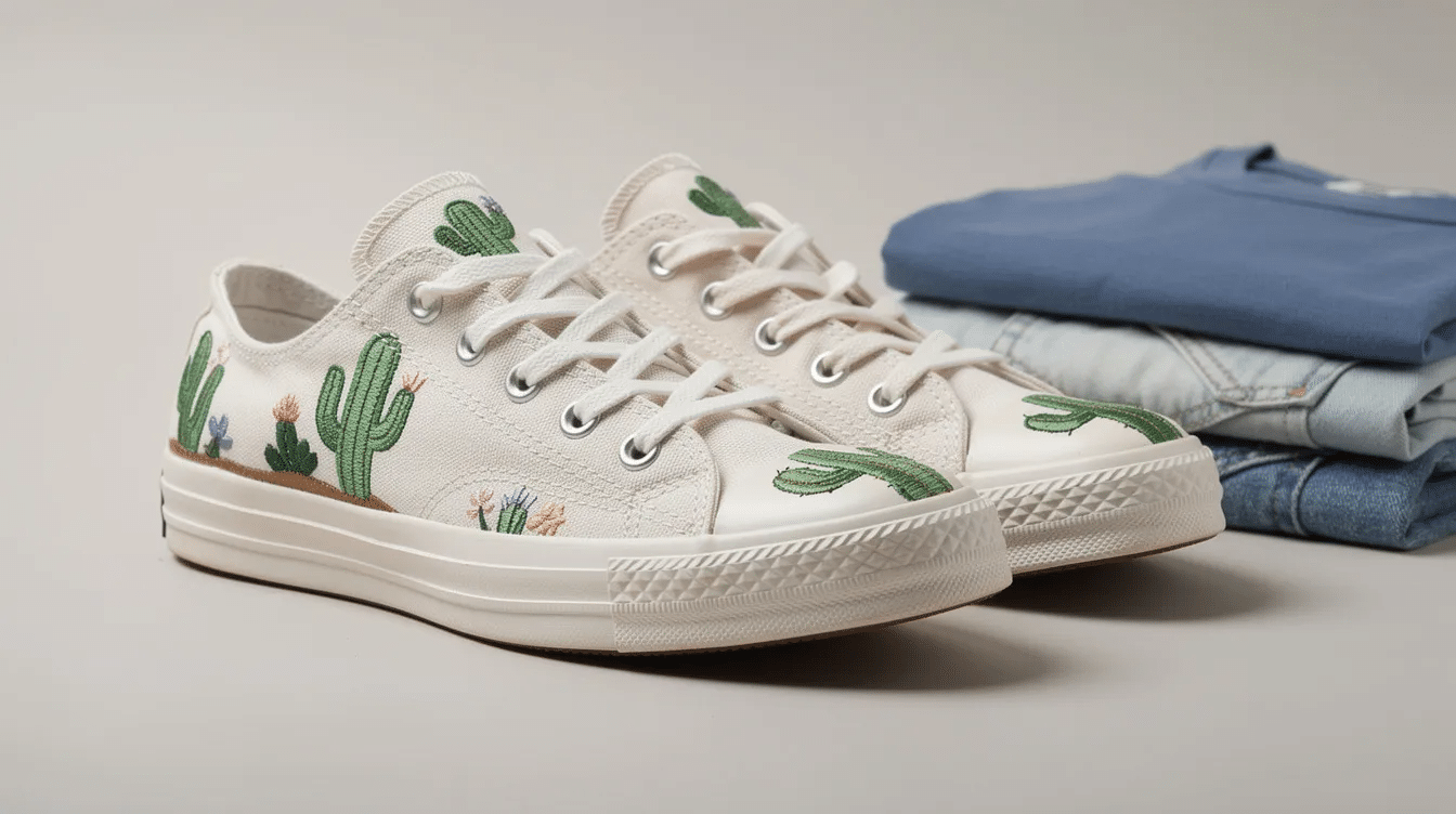eace1ba5-90a7-4d1d-9eaa-e27fa9de49b0 The image features a pair of casual canvas sneakers adorned with vibrant green cactus embroidery, showcasing unique designs on the side panels and toe boxes. These low-profile shoes, suitable for various outfits like jeans or skirts, highlight their comfort and quality, making them perfect for casual outings with friends.