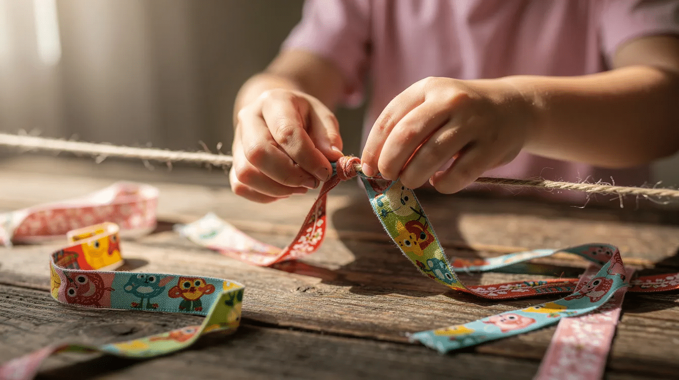 ebe5466c-e624-40c5-bfae-0b49c72e7b8b A young child's hands are tying colorful fabric strips onto a piece of twine, creating a vibrant DIY fabric garland on a wooden table. The fabric strips have fraying edges, adding a playful touch to this adorable crafting project.