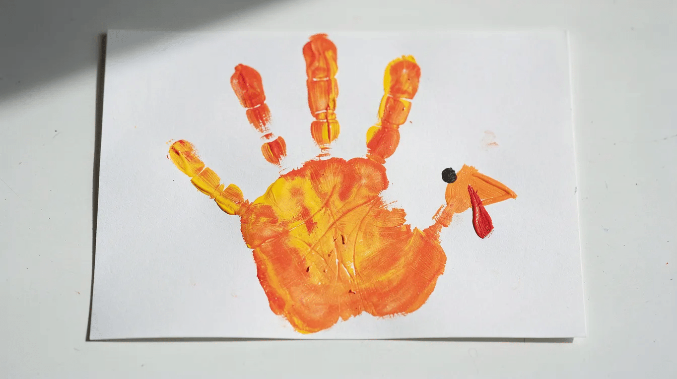 ec0e920b-aa6f-47b4-ab8d-b56885d947b1 A child's colorful handprint painting on white paper depicts a turkey, featuring bright orange, red, and yellow fingers as festive turkey feathers. This adorable creation is a perfect example of easy Thanksgiving crafts for kids, celebrating the holiday with creativity and fun.